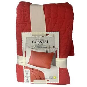 Home Classics Coastal Living King Coral Sham Quilted Pillow Case 100% Cotton NIP